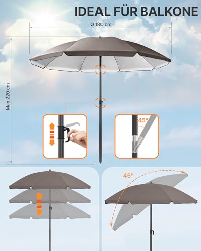 4smile Sonnenschirm Strand SunnyJoy, Taupe - UPF 50+ Strandschirm Ø 180 cm, sicherer Sonnenschutz Strand, Strandschirm windfest stabil - Sonnenschirm mit Schutzhülle 5