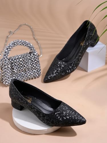 Image of Shoetopia Women's Low Block Heel Pumps - Elegant Pointed Toe Slip-On Dress in Textured Finish - Comfortable Office & Formal Footwear