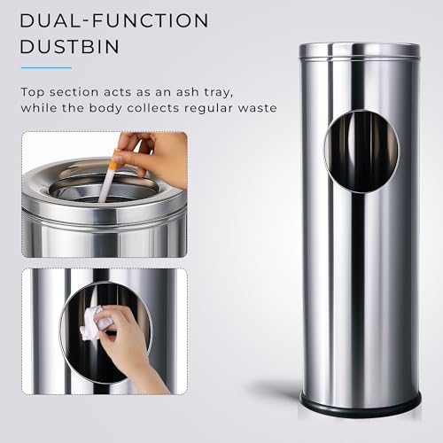 Image of Robustt Stainless Steel Ash Tray Dustbin - 20 L | 23 x 63.5 cm | Dual-Purpose Ash Can with Removable Ashtray & Anti-Skid Base | Corrosion-Resistant Trash Bin for Kitchen, Bathroom & Commercial Use