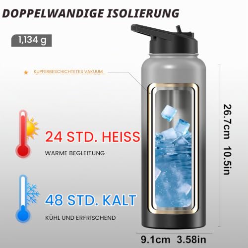 WATERSY Isolierte Edelstahl Thermosflasche 40oz Vakuumisolierte Trinkflasche mit 2 Deckel Auslaufsichere Wasserflasche 1200 ml Doppelwand… – Ansicht 3