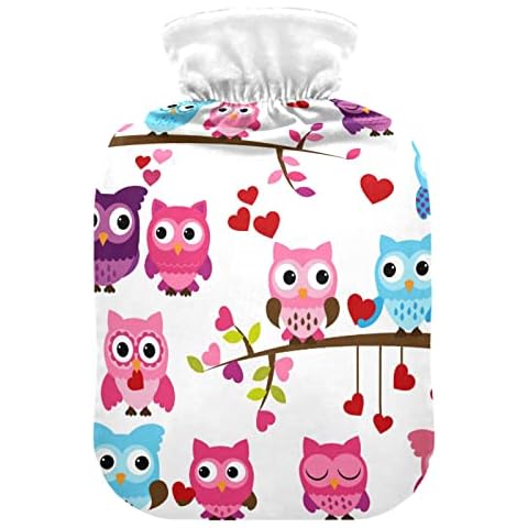 Hot Water Bottle with Cover, 2L Durable Hot Water Bag for Hand Feet Warmer, Shoulder and Neck Pain Relief, Cramps,Hot Compress and Heat Therapy, Pattern of Valentine's Day Love Themed Owls and Hearts Cover