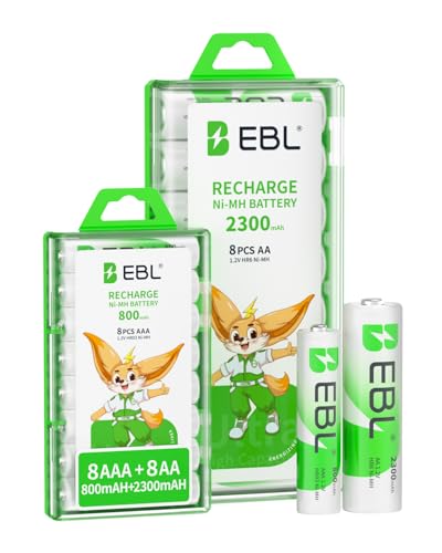EBL 16 Sets AA AAA Batteries Combo with 8PCS AA 2300mAh & 8-Pack AAA 800mAh Rechargeable Batteries