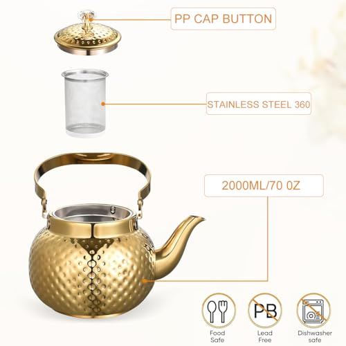 Image of Supvox 2L Teapot with Removable Infuser, Stainless Steel Tea Pots for Stovetop - Perfect Filter for Loose Leaf Tea or Tea Bags (Luxury Golden)