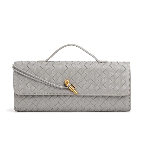 LMKIDS Woven Evening Bag Clutch Purses For Women, Woven Leather Crossbody Bag Purse For Women Shoulder Handbag Cute Satchels (Light Gray)
