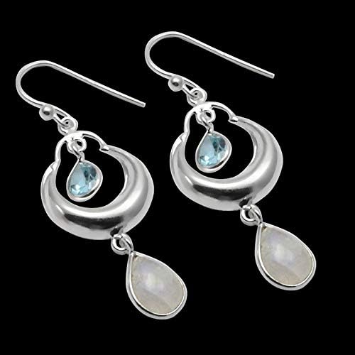 Silver Palace Sterling Silver Handmade And Natural Rainbow Moonstone And Blue Topaz Earring For Womens
