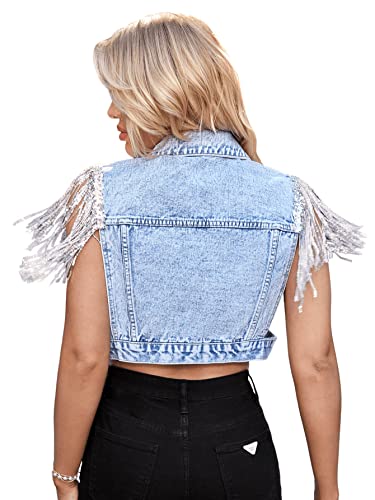 Sweatyrocks Women's Fringe Button Down Crop Denim Jacket Sleeveless Collared Jean Coats Light Wash S #TOP4
