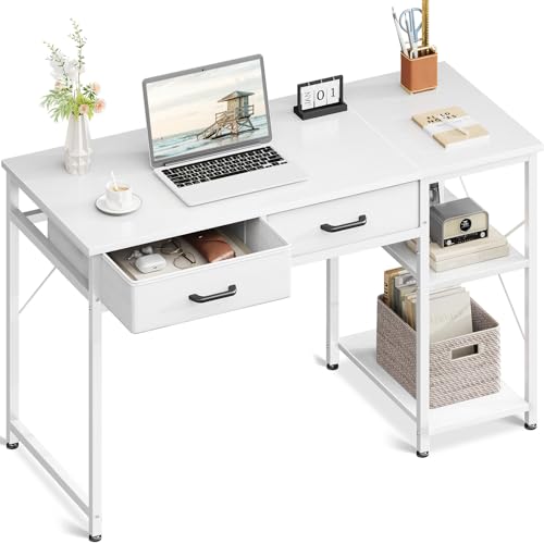 Coleshome Small Computer Desk with Drawers, 40 Inch Reversible Home Office Desk with Storage Shelves, Study Laptop Vanity Table for Bedroom Small Space, White