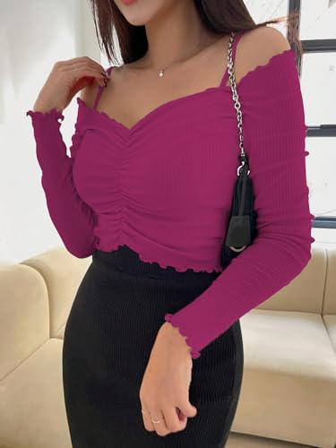 Image of Sugathari Women's Purple Solid Colour Open Cold Off Shoulder Long Sleeve Lettuce Hem Casual Autumn Trim Tight- Slim Fitting Ruched Front Ladies' Camisole Top, Tee, T-Shirt (T-Shirt 184)