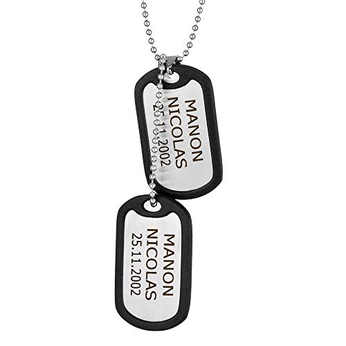 HELIOS BIJOUX Collier acier chaîne boule + 2 plaque GI contour caoutchouc 68cm sans fermoir + écrin (offert)