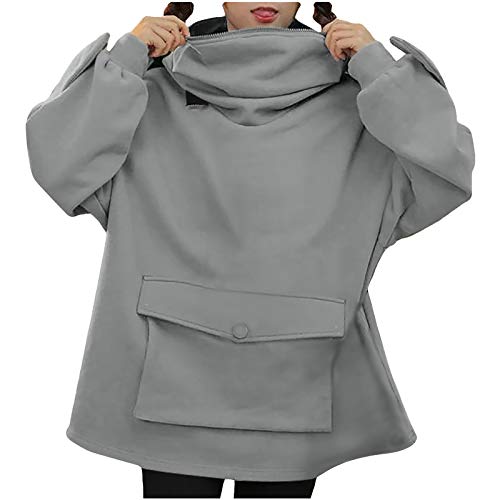 Novelty Women Frog Hoodie Cute Animal Shape Letter Print Zip up Tops Front Pocket Hooded Oversized Tunic Pullover (Solid Color-Grey, XXL)