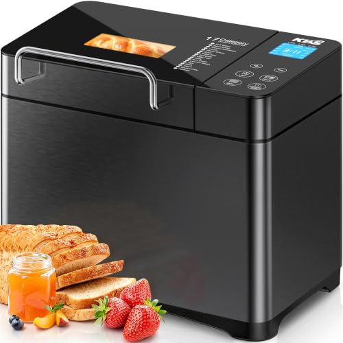 Image of KBS 710W 2LB Bread Maker Dual Heaters, 17-in-1 Stainless Steel Bread Machine with Healthy Ceramic Pan, Automatic Nut Dispenser, Tempered Glass Touch Panel, 3 Crust Colors, 15H Timer& Keep-Warm,Recipes