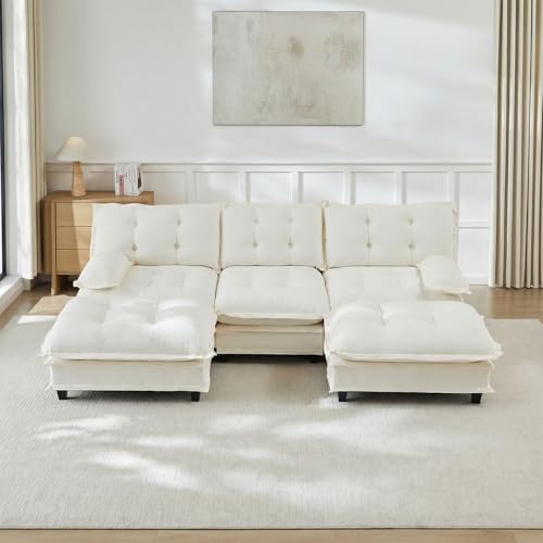 Image of Ottoman for Sectional Couches for Living Room, Beige Ottoman Seat for Modern Chenille Deep Seat Sofa Set, Salas para Casa, High Back Cloud Couch Modular Sectional Sets