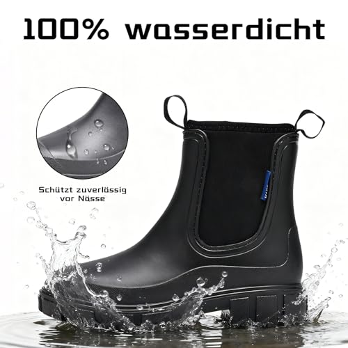 GemChve Gummistiefel Damen Gefüttert Wasserdicht Gummistiefel Halbhohe Chelsea Boots rutschfeste Stiefeletten Regenstiefel Regenschuhe Gummistiefeletten Warm Gartenschuhe Black 40EU