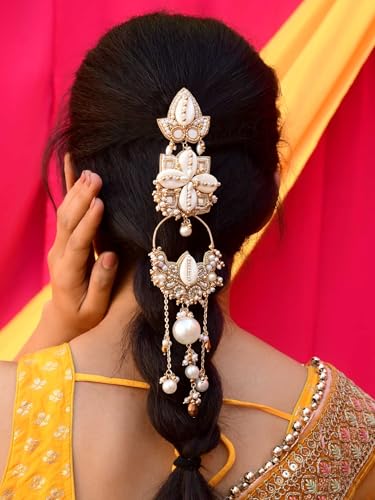 Image of SANJOYA BY EVERSTYLISH Embroidered Hair Accessory for Women | Mirror, Shell, Bead & Pearl Bridal Hairpiece | Ethnic Jewelry for Weddings & Festive Occasions