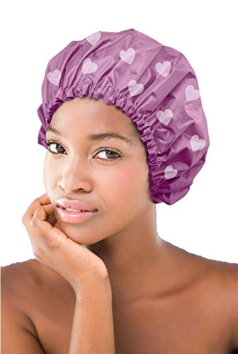 Glow By Daye Satin Lined Shower Cap, Adjustable And Waterproof With Satin Interior For Hair Protection, Large, Pink Heart #TOP5