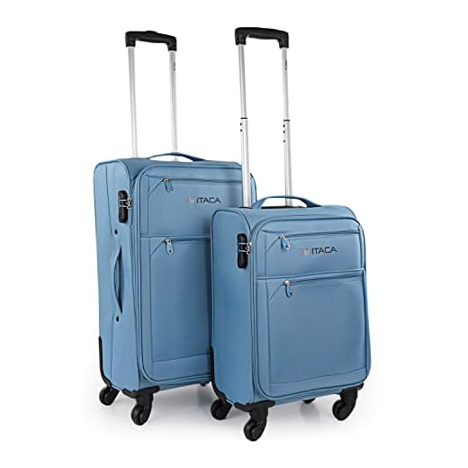 ITACA - Juego Maletas de Viaje - Set Maletas de Viaje, Maleta Mediana y Maleta Cabina - Juego de Dos Maletas de Viaje Extensibles con 4 Ruedas Material EVA Resistente y Ligero. Candado 7, Azul vaquero