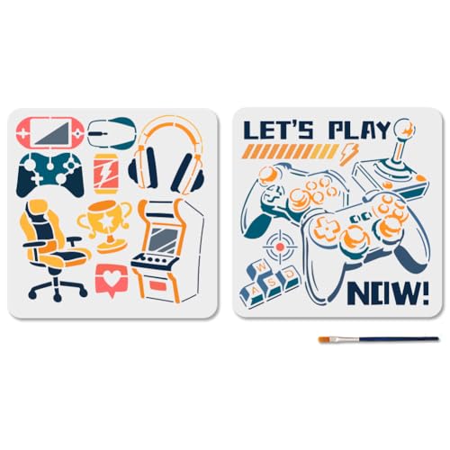 MAYJOYDIY 2 Pochoir de Jeux de Divertissement pour Peinture 30 × 30cm Console de Jeu PS Machine Trophy Pochoir avec Pinceau Modèle de Manettes de Jeu pour...