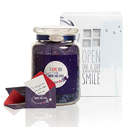 KindNotes Glass Keepsake Gift Jar of Inspirational Messages for Him or Her Birthday, Thank You, Anniversary, Just Because | Inspirational Messages - Moon and Back