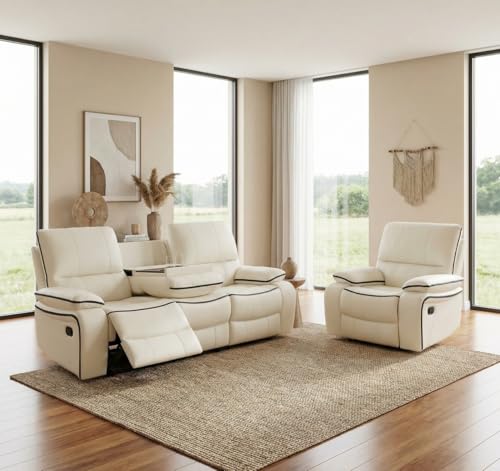 Seruancielo Bonded Leather Living Room Furniture, 2 Pieces Recliner Sofa and Chair Set with Flip-Down Table&Cup Holders, Manual Reclining Leather Couches for Living Room (Creamy White, Sofa+Chair)