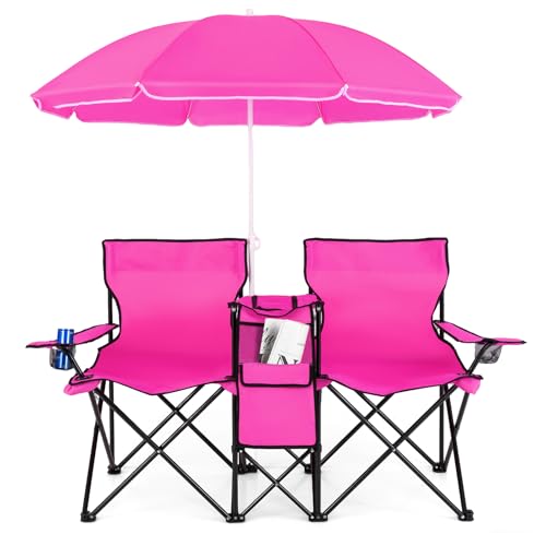 COSTWAY Chaise de Camping Pliante, Fauteuil de Jardin 2 Places avec Glacière, Porte-gobelet, Parasol, Sac,160 x 54 x 178 cm, Charge 120 KG, pour Randonnée,...