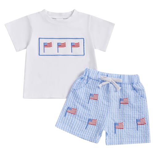 Image of Kayotuas Fourth Of July Toddler Boy Outfit Baby American Flag Clothes Patriotic Shirt Striped Gingham Shorts 2Pcs Summer Sets