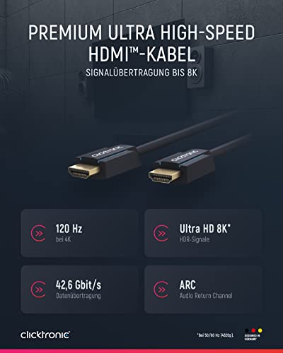 Clicktronic Ultra High Speed HDMI 2.1 Kabel mit Ethernet - 48 Gbps 8K / 4K 120Hz HDMI Kabel PS5 mit eARC, Dynamic HDR, VRR, 3D, Dolby Vision, Perfekt für XBOX, HDTV, Heimkino, Soundbar 2m