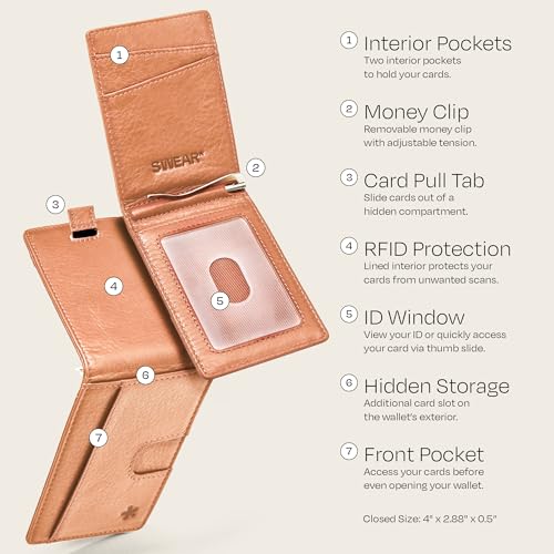 Image of Swear Brands Full Grain Leather Wallet with RFID Blocking & Money Clip - Minimalist Bifold Wallet Holds 12 Cards - Easy Access Pull Tab - Ethically Sourced (Tan)