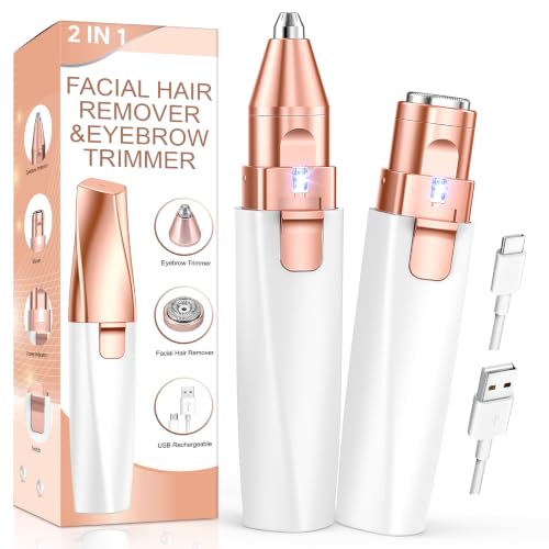 Eyebrow Trimmer Facial Hair Removal for Women: 2 in1 Rechargeable Face Shaver with LED Light, Painless Electric Eyebrow Razor for Eyebrows, Upper Lip, Chin, Peach Fuzz & Fine Facial Hair