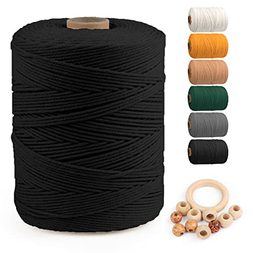 Image of ZUEXT Macrame Cord, Black, 3mm x 547yds Cotton String Macrame Yarn
