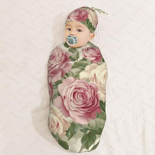 Image of Vintage Pink Rose Floral Swaddle Blanket with Beanie Hat Set Newborn Receiving Blankets Baby Swaddle Wrap Soft Swaddle Blankets for Baby Boys and Girls