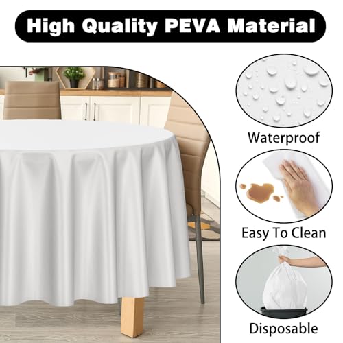 Image of Kopokita 2 Pack White Round Disposable Plastic Tablecloths 84 inch | Party Table Covers for Birthday, Picnic, Wedding, Baby Shower, Graduation