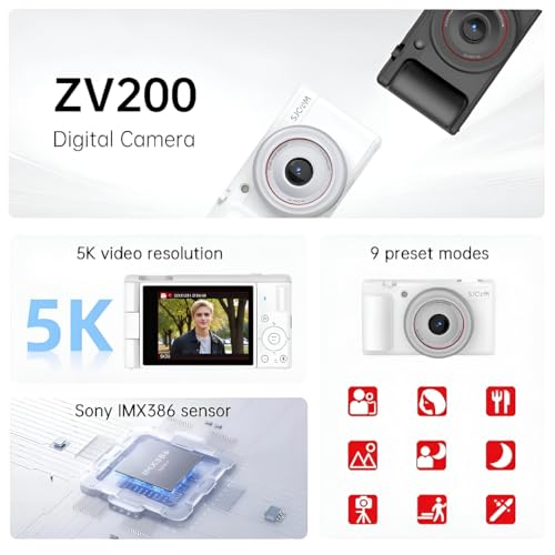 Image of SJCAM ZV200 5K 80MP Flip Screen Digital Camera | 16X Digital Zoom, Sony Sensor with 6-Axis Gyro, 9 Preset Modes, 800 mAh Digital Point and Shoot Camera for Vlogging Beginners (White)