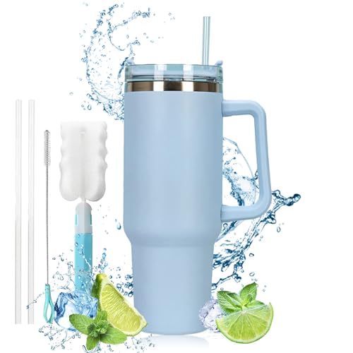 Tazza Termica da Viaggio 1200ml, Acciaio Inox, Doppia Parete, Isolata Sottovuoto, con Cannuccia e Manico, Azzurro