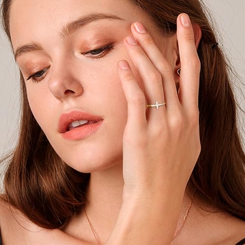 18K Gold Plated Cross Ring 925 Sterling Silver Rings Wedding Band for Women Cubic Zirconia Jewelry Promise Bands Gold Rings for Her Size 6 to 104