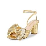 DREAM PAIRS Women's Bow Knot Heeled Sandals Low Chunky Heels Open Toe Ankle Strap Slingback Dress Shoes for Wedding Bridal Party,Size 8,Gold,DWUMHS2504