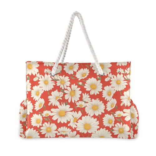 Red and White Daisies Sturdy waterproof bag for beach with zipper carry on tote bags for women Good for Travel Pool Swim Beach Vacation Necessities2
