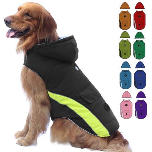 EMUST Dog Coat, Windproof Dog Winter Jackets with Hood, Large Dog Coats for Cold Winter, Thick Pet Apparel with Pocket for Extra Large Dogs, XL/Black