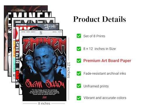Image of Song Artist Aesthetic Music Posters Pack of 8 | A4 Size Wall Art for Bedroom, Living Room & Studio | Includes Adhesive Tape | Music Artist Poster Set (Emineem)