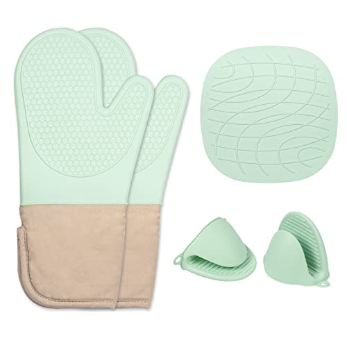Home Oven Mitts And Pot Holders Sets, Heat Resistant Oven Mittens & Mini Oven Gloves & Hot Pads, Non-Slip Textured Soft Cotton Lining Perfect For Bbq,Baking,Cooking,Grilling-Mint 5 Pcs #TOP6