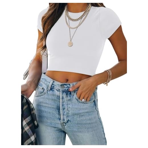 REORIA Women's Summer Cute Short Sleeve High Neck Double Lined Tight Casual Basic T Shirts Yoga Crop Tops Tees White Large