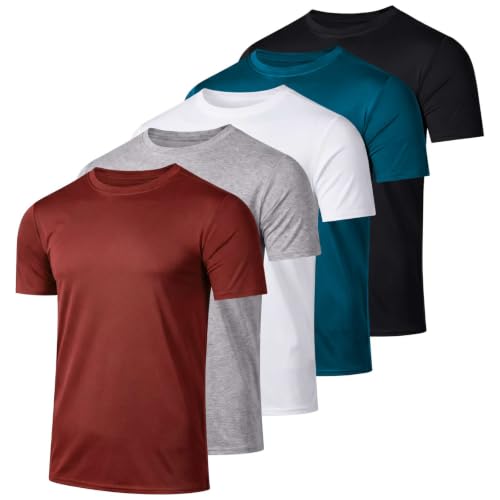 Image of 5 Pack Men's Dry Fit Workout T Shirts Crew Neck Athletic Gym Running Tees | Short Sleeve, Moisture Wicking, Cooling, Stretch, Undershirts, Work, Summer, Hiking, Tennis, Basketball, Sports, Exercise