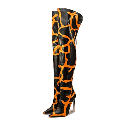 Image of Thigh high boots for women striped Back zipper Burgundy Zebra Print Over the knee Sexy gold white pointed toe Cow Print leopard Magenta stiletto heel