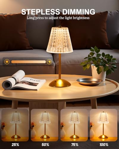 Cordless Touch Table Lamp, 3500mAh LED Rechargeable Small Dask Lamp, 3 Colors Dimmable Battery Operated Crysta Lamp for Bedroom Restaurant Kitchen Home Decor, Gold - Image 5