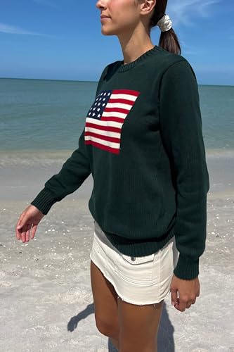 Image of Womens American Flag Sweater Long Sleeve Crew Neck Star Graphic Knit Pullover Tops Casual Loose USA Sweater