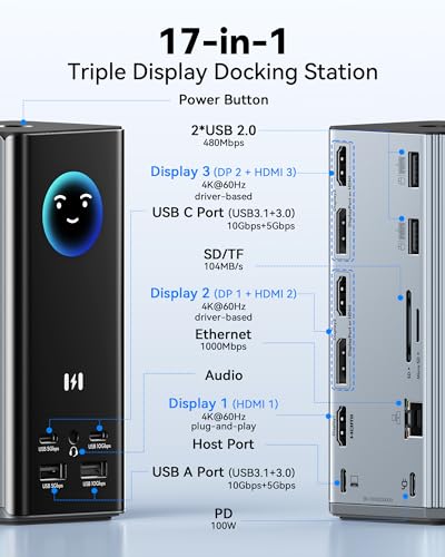 Image of Selore Laptop Docking Station, 4K Triple Display Docking Station 3 HDMI 2 DP, Smart LCD Digital Display, USB-C USB 3.0 Universal Dock for Windows MacBook macOS (Driver Required)