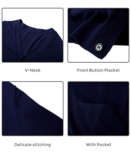 Qualfort Mens V-Neck Cardigan Sweater 100% Cotton Pockets Casual Slim Fit Knitted Sweaters Button Up Dark Blue 3X-Large #TOP3