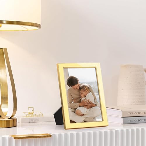 Image of eletecpro 4x6 Enamel Picture Frame Set of 2 with Real Glass Cover, Cute Photo Frame with Gold Metal Edge, Horizontal and Vertical Display Pictures 4 by 6 for Tabletop and Wall Decor, Yellow
