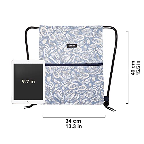 Image of WANDF Drawstring Backpack, Gym Sackpack for Sports (Light Blue Leaf) | Water-Resistant, Shopping, Yoga, Travel, Beach, Daily Carry