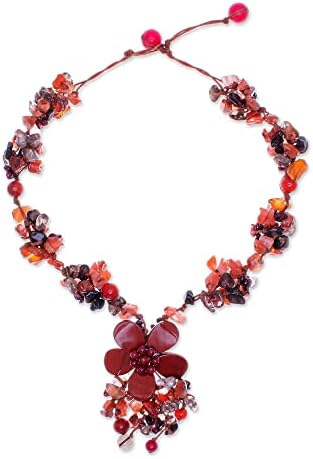 NOVICA Handmade .925 Sterling Silver Multigemstone Beaded Pendant Necklace Floral from Thailand Quartz Garnet Smoky Jasper Brown Multicolor Red Birthstone 'Dazzling Bloom'