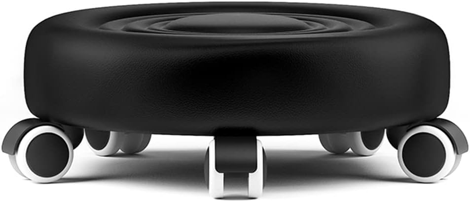 Low Roller Stool with 360° Swivel Wheels, Low-Height Short Rolling Stool Seat, PU Leather Small Mechanic Chair, Rolling Stools for Pedicure, Garage, Shop, Library Black